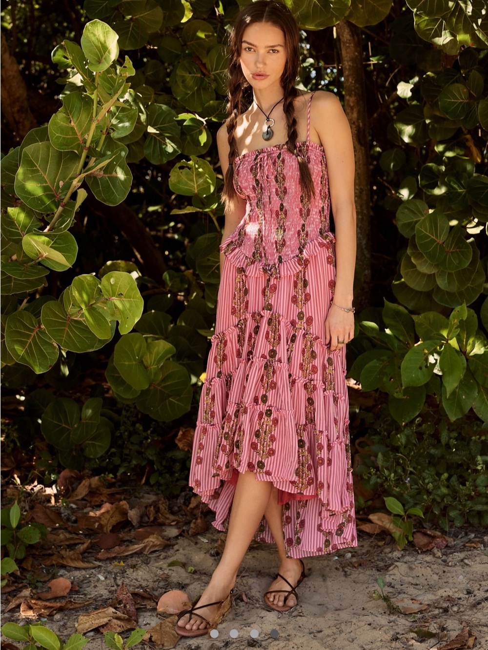 Free People Pink Floral Striped Sundress with Smocked Bodice